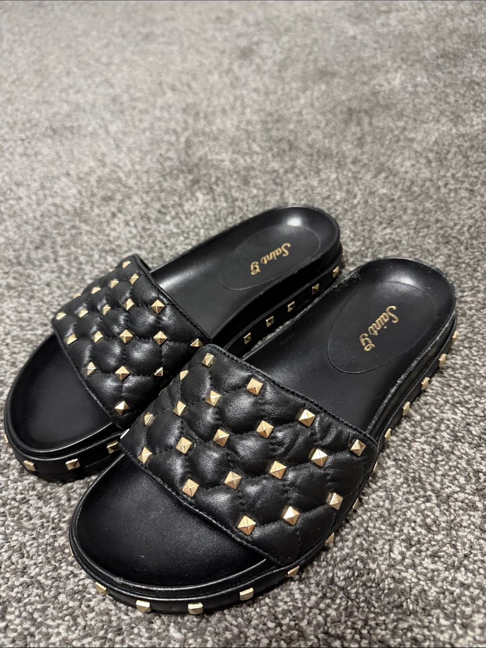 Quilted Black Slide Mules with Gold Stud Detail